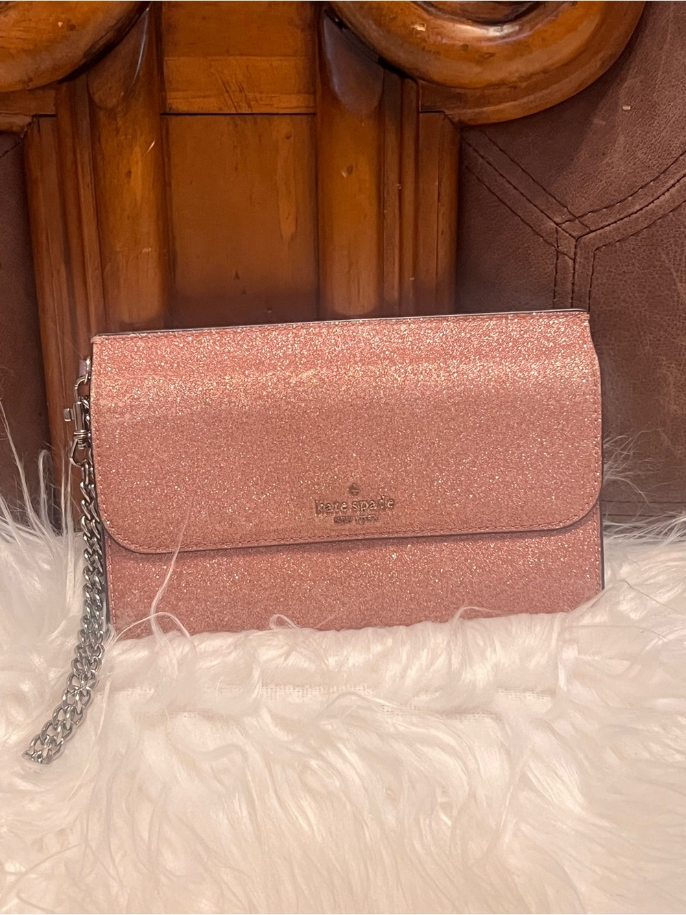 kate spade Pink Glitter Chain Wristlet Clutch like new